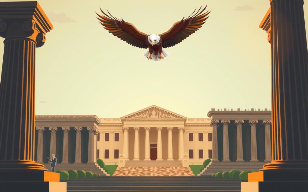 An Illustrative Depiction Of The Division Of Powers In The U.s. Federal System. In The Foreground, Three Distinct Pillars Representing The Executive, Legislative, And Judicial Branches Stand Tall, Each With Its Own Unique Architectural Style And Symbolic Elements. The Middle Ground Showcases The Intricate Checks And Balances Between These Branches, Portrayed Through Intricate Geometric Patterns And Intersecting Lines. In The Background, A Majestic American Eagle Soars, Symbolizing The Overarching Principles Of Federalism And The Balance Of Power. The Scene Is Illuminated By A Warm, Golden Light, Conveying A Sense Of Stability And Gravitas. The Overall Composition Harmoniously Blends Realism And Abstraction, Reflecting The Complex And Nuanced Nature Of The U.s. Federal System. An Illustrative Depiction Of The Division Of Powers In The U.s. Federal System. In The Foreground, Three Distinct Pillars Representing The Executive, Legislative, And Judicial Branches Stand Tall, Each With Its Own Unique Architectural Style And Symbolic Elements. The Middle Ground Showcases The Intricate Checks And Balances Between These Branches, Portrayed Through Intricate Geometric Patterns And Intersecting Lines. In The Background, A Majestic American Eagle Soars, Symbolizing The Overarching Principles Of Federalism And The Balance Of Power. The Scene Is Illuminated By A Warm, Golden Light, Conveying A Sense Of Stability And Gravitas. The Overall Composition Harmoniously Blends Realism And Abstraction, Reflecting The Complex And Nuanced Nature Of The U.s. Federal System.