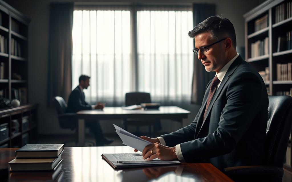 A Dimly Lit Office With A Wooden Desk And Bookshelves Lining The Walls. In The Foreground, A Confident Criminal Defense Attorney Sits, Studying Documents Intently. The Middle Ground Features A Client Seated Across The Desk, Engaged In A Serious Discussion. The Background Showcases A Large Window, Casting Soft, Dramatic Lighting That Creates An Atmosphere Of Thoughtful Deliberation. The Scene Conveys The Expertise And Dedication Of A Skilled Defense Lawyer, Protecting The Rights Of Their Client Through Careful Analysis And Strategic Planning.