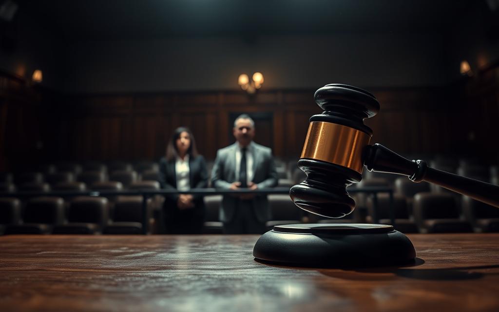 A High-Contrast, Cinematic Scene Depicting A Pretrial Conference Dismissal Process. In The Foreground, A Judge'S Gavel Slams Down On A Wooden Desk, Symbolizing The Finality Of The Decision. Subtle Lighting Casts Dramatic Shadows, Heightening The Tension. In The Middle Ground, Lawyers In Professional Attire Stand Before The Judge, Their Expressions Conveying A Mix Of Relief And Disappointment. The Background Is A Dimly Lit Courtroom, With Rows Of Empty Benches And A Sense Of Anticipation. The Overall Mood Is One Of Legal Formality And The Weight Of The Court'S Authority, As The Fate Of A Case Is Sealed In A Single, Decisive Moment.