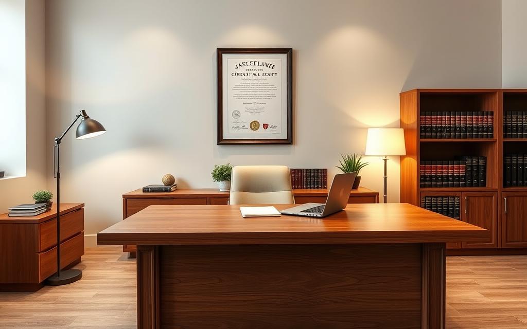 A Modern, Minimalist Law Office Interior With A Large Oak Desk, Leather-Bound Legal Books, And A Framed Certificate On The Wall. The Desk Is Neatly Organized, With A Laptop, A Stack Of Documents, And A Small Potted Plant. Soft, Indirect Lighting Emanates From A Floor Lamp, Casting A Warm Glow Throughout The Room. The Walls Are Painted A Neutral Tone, Accentuating The Clean, Professional Atmosphere. The Camera Angle Is Slightly Elevated, Capturing The Overall Symmetry And Balance Of The Scene, Conveying A Sense Of Authority And Expertise In The Legal Framework Behind Case Dismissals.