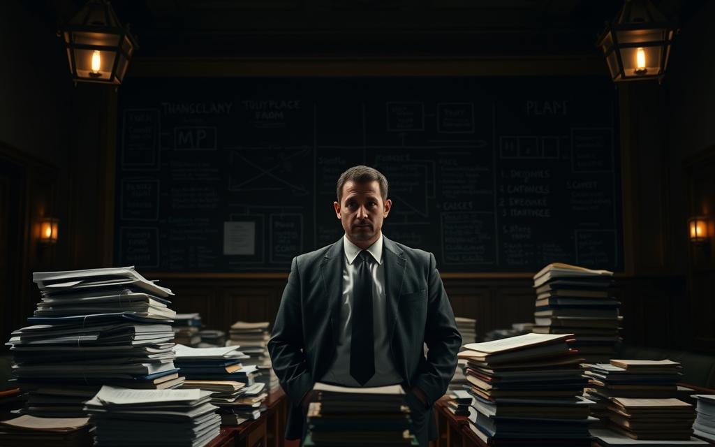 A Shadowy Courtroom, Dimly Lit By Warm Overhead Lights. At The Center, A Defense Attorney Stands Resolute, Surrounded By Piles Of Legal Documents And Case Files. Their Face Is Determined, Conveying A Sense Of Strategic Planning And Meticulous Preparation. In The Background, A Large Chalkboard Displays Intricate Diagrams And Timelines, Hinting At The Depth Of The Legal Defense'S Approach. The Atmosphere Is One Of Focused Intensity, As The Attorney Contemplates The Best Course Of Action To Secure A Favorable Outcome For Their Client. The Scene Captures The Essence Of &Quot;Strategies For A Successful Pretrial Defense,&Quot; Showcasing The Careful Deliberation And Attention To Detail That Goes Into Building A Strong Case.